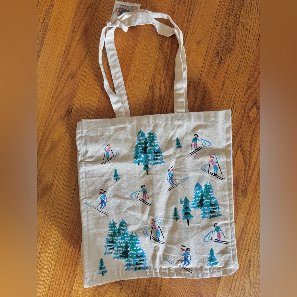 Canvas Tote Bag with Ski & Pine Print - New - Picture 2 of 3